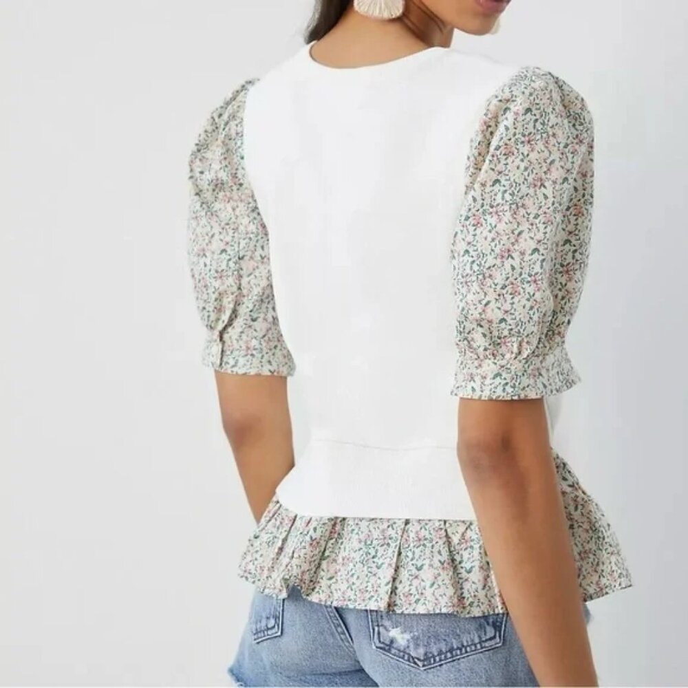 Anthropologie Layered Poplin-Sleeve Sweater | Size XL | Ivory, with Pink & Green - Picture 2 of 7